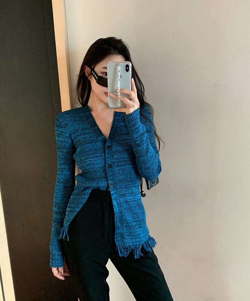 ニットブルーセーター スプリング薄手トップス ロング カーディガン 春物 ブラックストロベリース78955067050