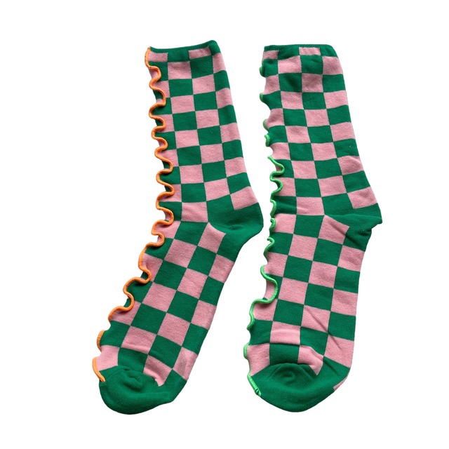 【solmu×HITOTSUDAKE】mellow block check socks（ピンク×グリーン）ネオンキミドリ×ネオンオレンジ