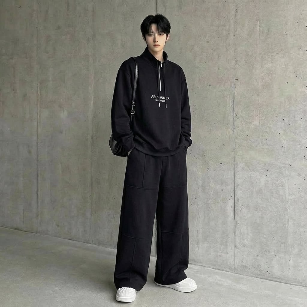 スポーツスタンドカラープルオーバースウェット&カジュアルルーズパンツセットアップ 2カラー D11890