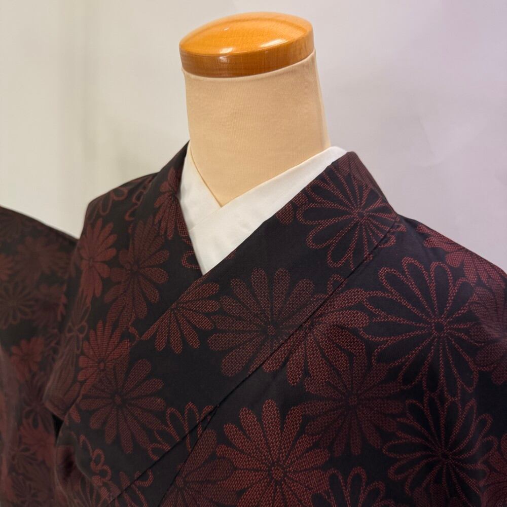小紋 洗える着物 幅色 大きい 裄68.2cm 身丈159cm 花柄 袷 普段着 ポリエステル 中古 赤 黒 L サイズ 6617