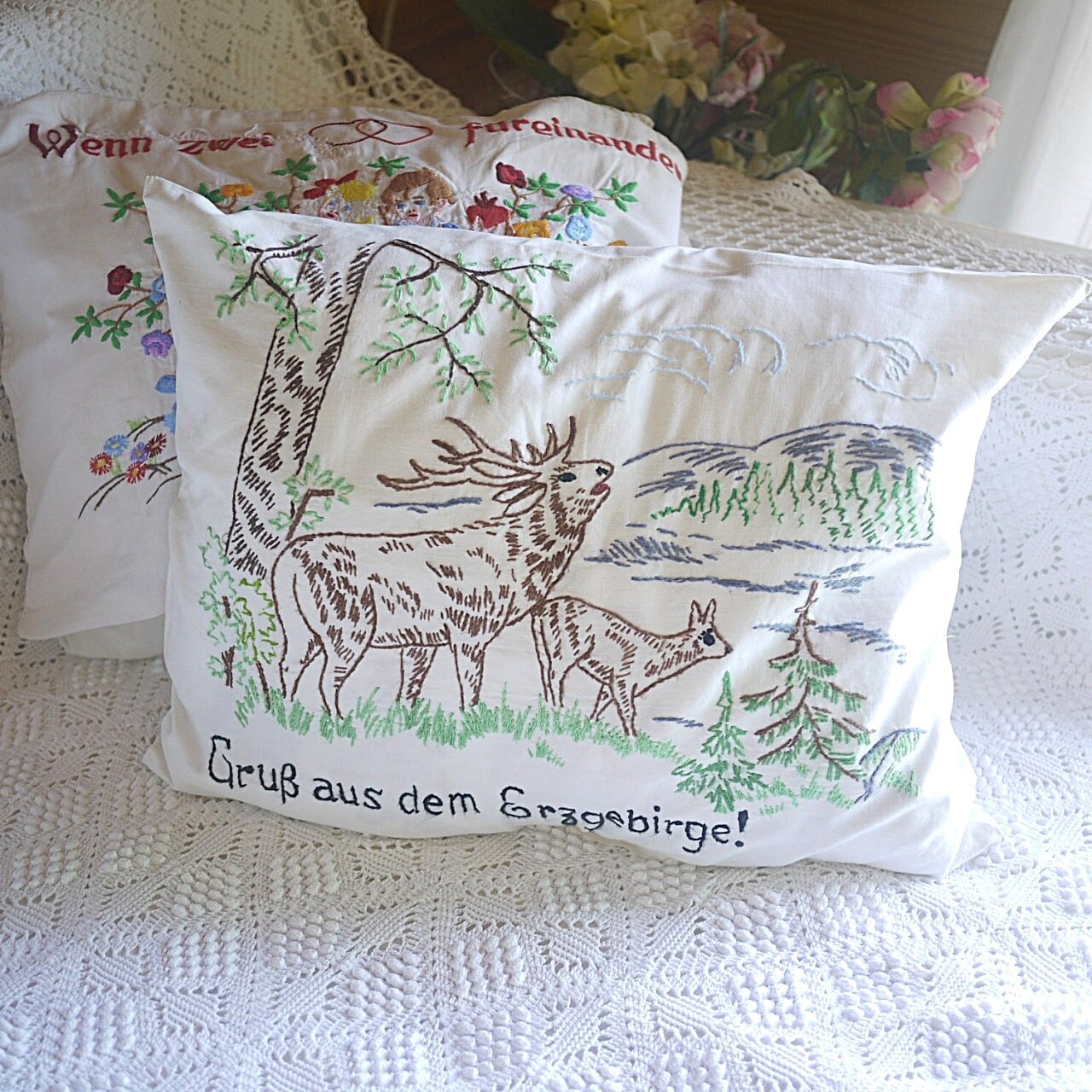 ノスタルジック刺繍 ピローケース アカシカ ドイツヴィンテージ