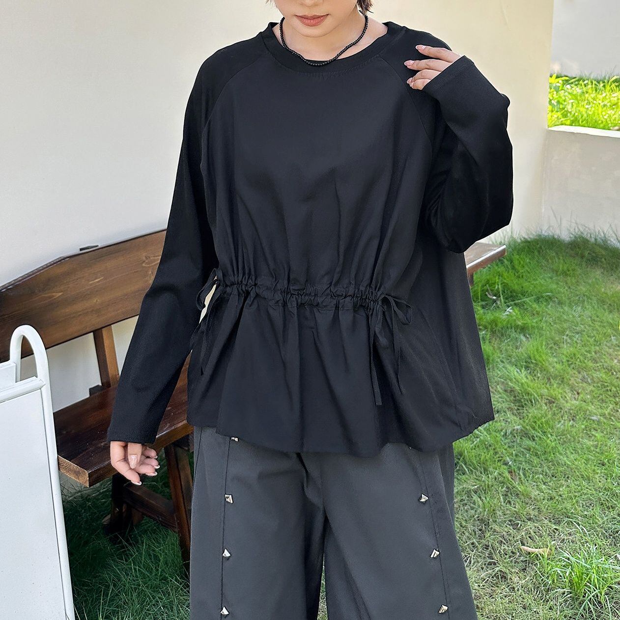 DRAWSTRING WAIST RELAXED LONG SLEEVE TOP M-18627