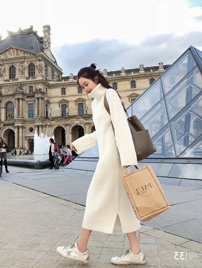 秋冬新作 ニットワンピース 長袖ワンピース ハイネックワンピース ロング丈 無地 厚手