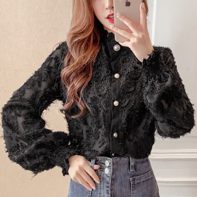 全3色 レディース ブラウス シャツ クラシカル フラワーレース シースルー シアー フリル ブラック/ベージュ/ホワイト S/M/L/XL/2XL