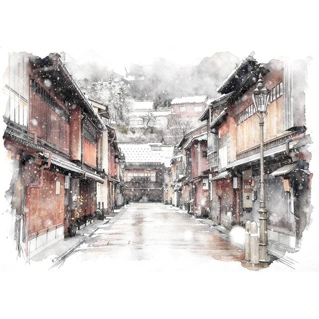 絵画 日本 石川県金沢の風景 インテリアアート額付き 水彩画・油絵風 WAT0108