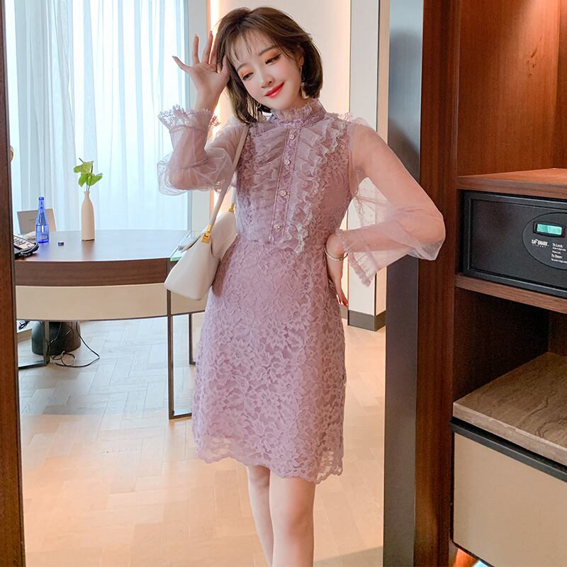 レースカラーチェーン ドレス スプリングスタイル レッド 刺繍 春物 MIUCO46025005784