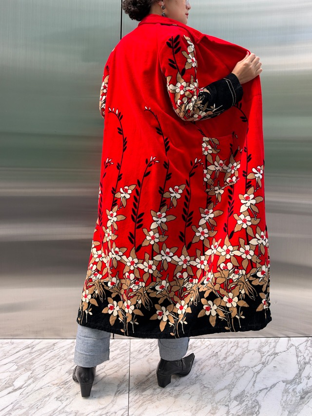 70s Euro red floral pile coat