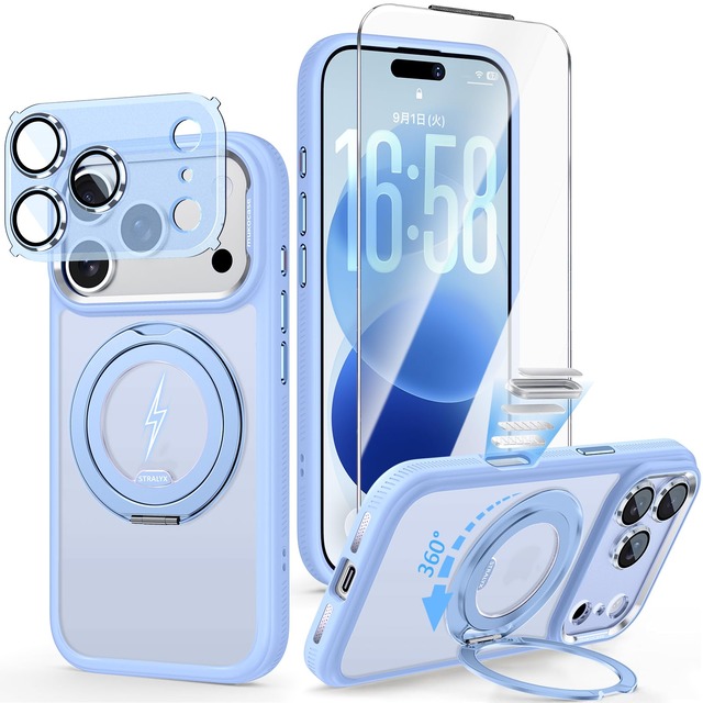 【三重保護セット・新型360°回転スタンド】iPhone 18 Pro Max 用ケース MagSafe対応 全面保護 耐衝撃 半透明マットブルー
