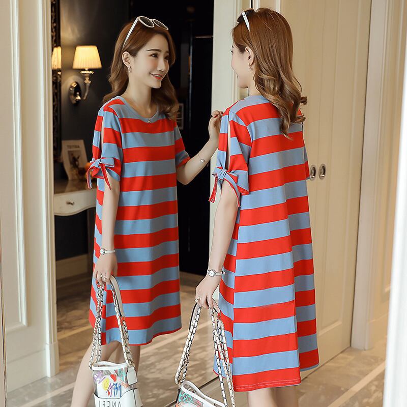 【新作】【送料無料】 マタニティウェア2019夏の新しいファッション太いストライププラスサイズのマタニティドレスミドル丈のレースアップマタニティドレス-アリババ 大きめサイズ サマー 夏物 expec211063956559