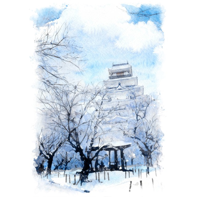 絵画 風景画 日本の城 福島県会津若松城（鶴ヶ城） インテリアアート額付き 水彩画・油絵風 WAT0948