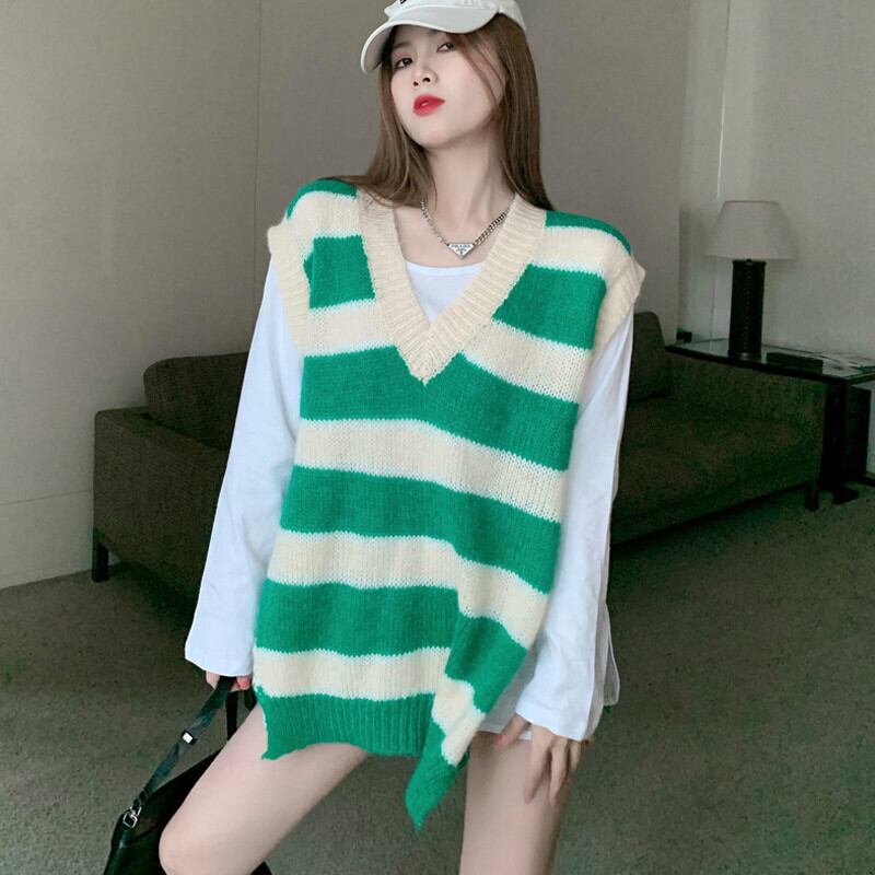 スタンダードVネックルーズカラーストライプニットオータムトップス レトロ 秋物 ガールズファッション87876733976
