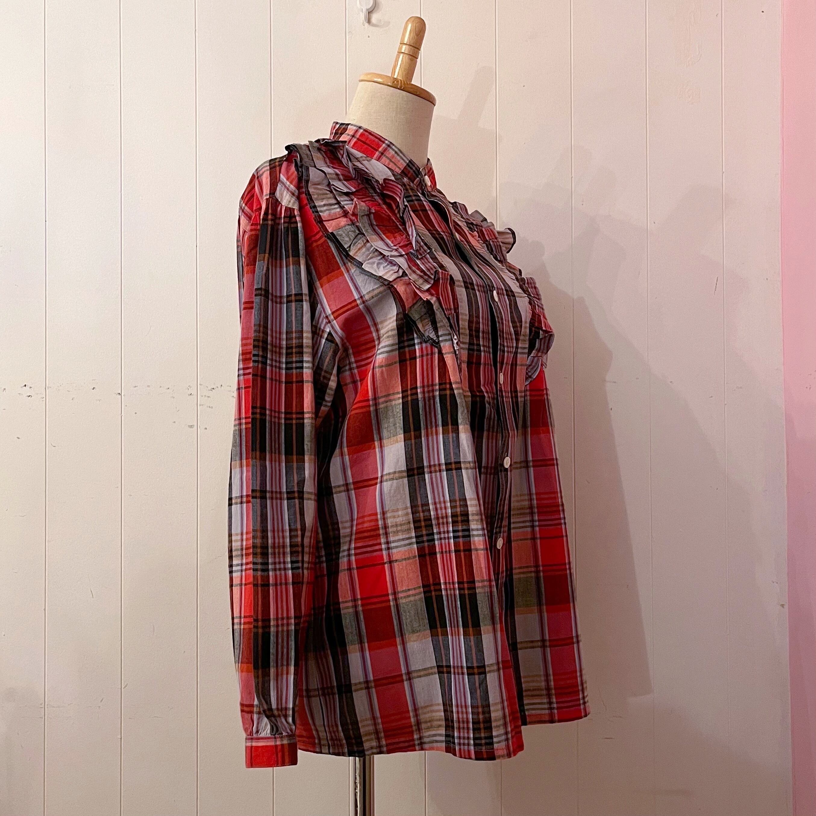 red black check frill blouse