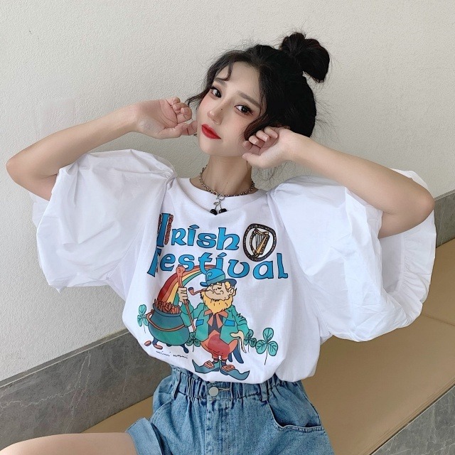 予約販売】Tシャツ トップス ボリューム袖 五分袖 レディース 白 