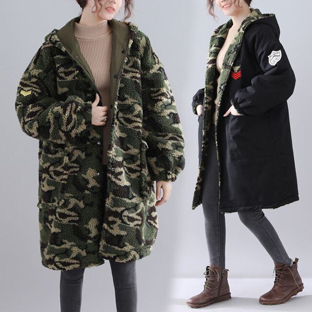 【予約販売】リバーシブルボアコート レディース 迷彩柄 ミリタリー フード カーキ ブラック 大人可愛い カジュアル 秋冬 アウター おしゃれ こなれ感 韓国