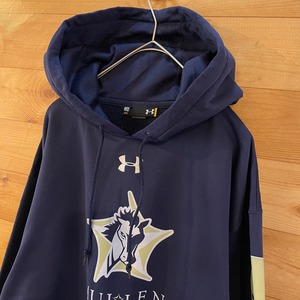 【UNDERARMOUR】高校 フットボール Mullen High School プリント スウェット パーカー フーディー ポリエステル 刺繍ロゴ M アンダーアーマー US古着