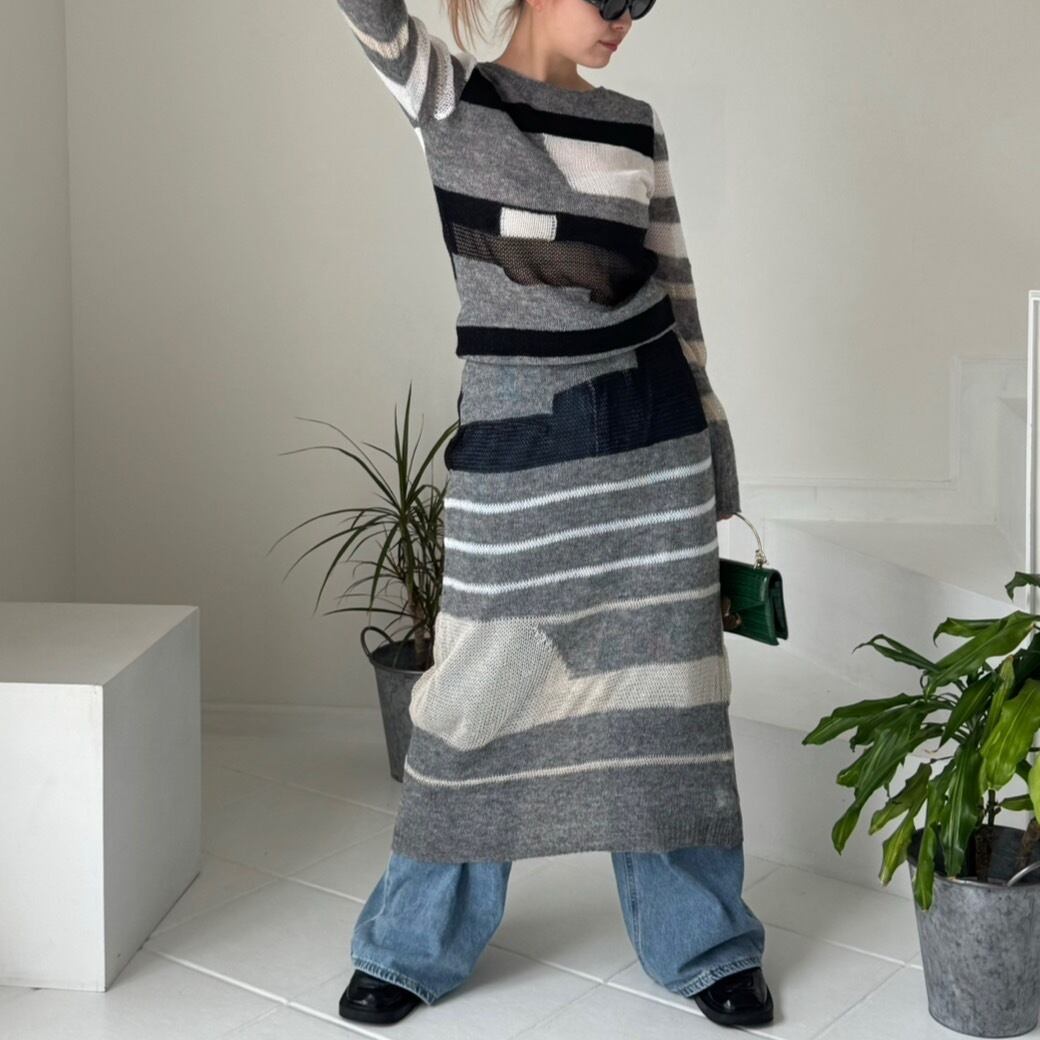 マルチボーダー編みニットワンピース_LN03121