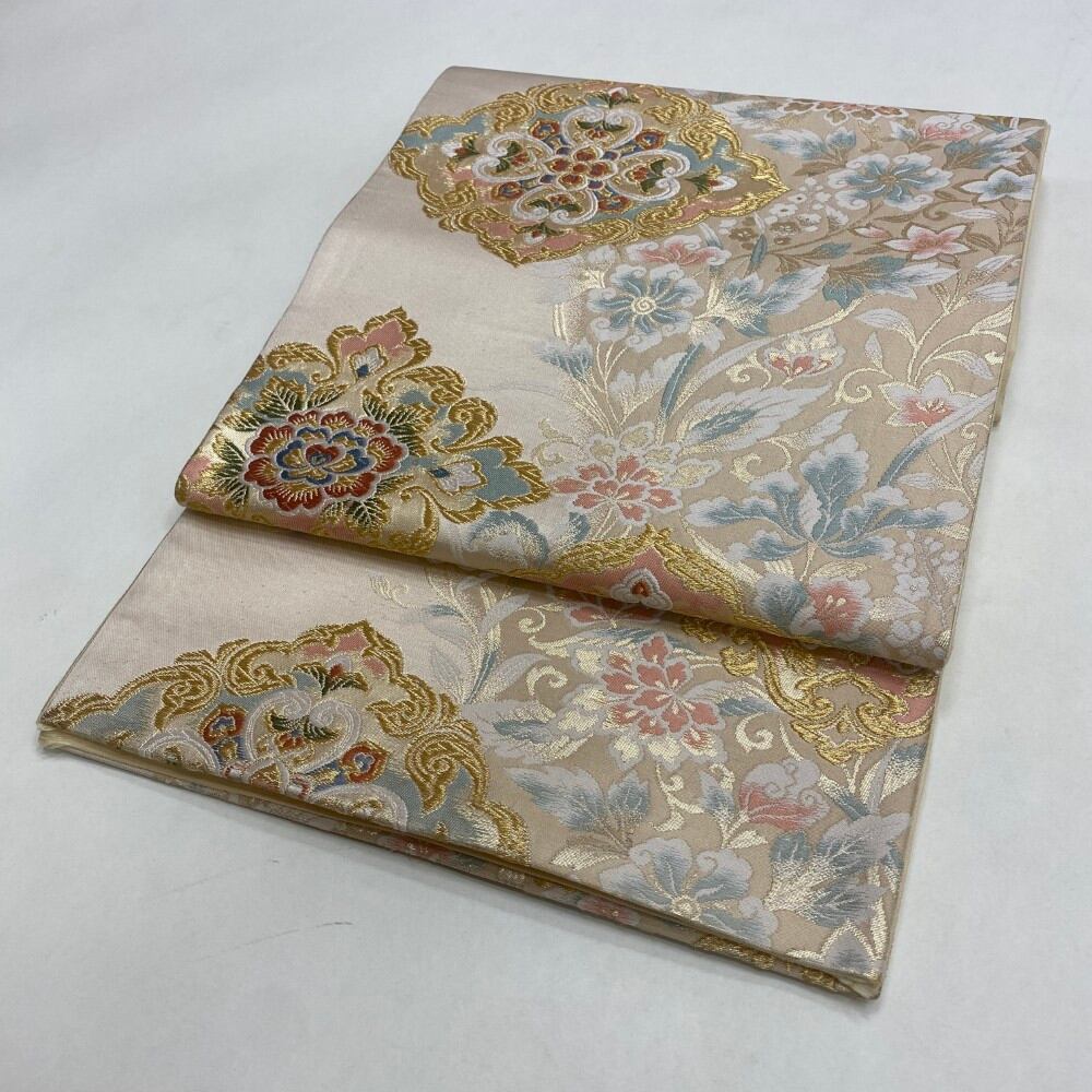 中古 礼装袋帯 正絹 草花 六通柄 ベージュ Cランク 484cm 5940