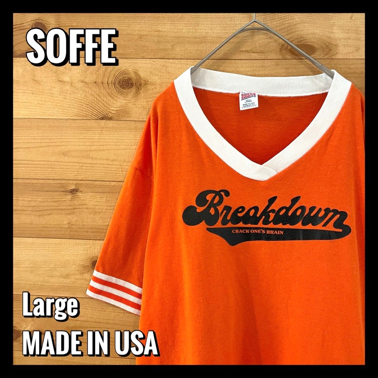 【SOFFE】90s USA製 Vネック 半袖Tシャツ プリント リブライン Lサイズ ヴィンテージ  US古着 アメリカ古着