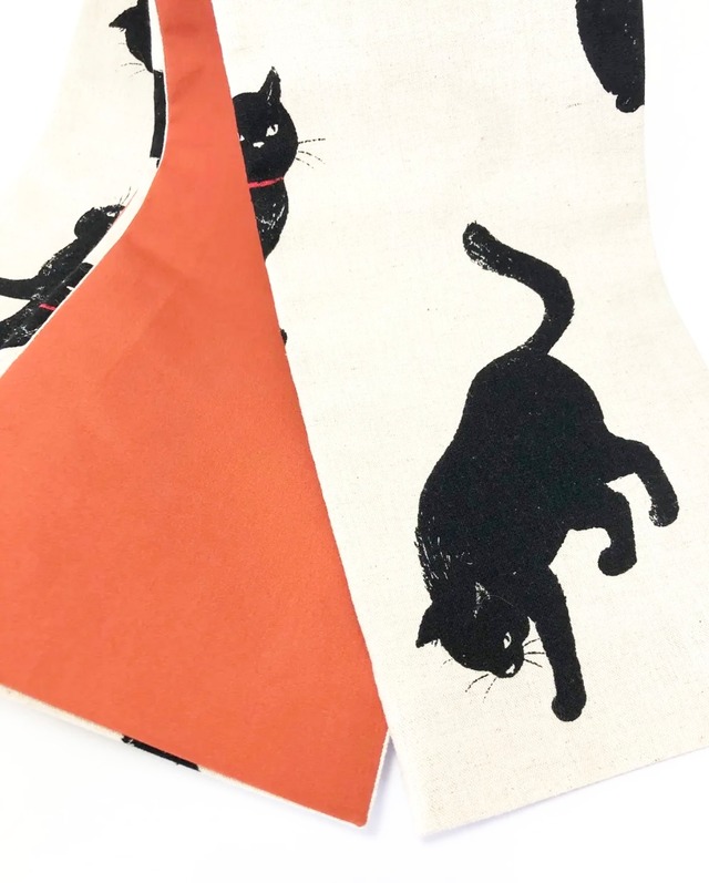 黒猫柄が可愛い女性用半幅帯【オレンジ】