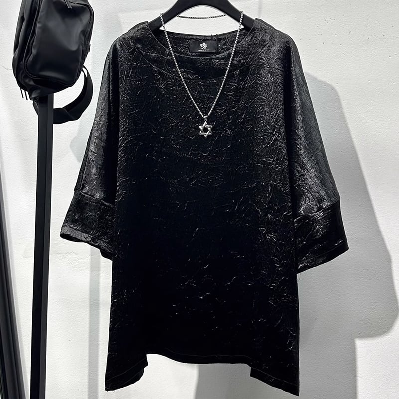 サテン調リラックスフィット ドロップショルダー 五分袖クルーネックTシャツ 1color MTO0321