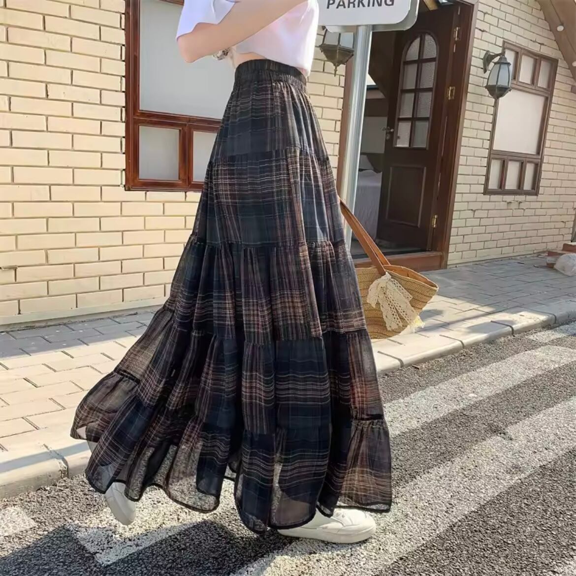 brown check chiffon skirt