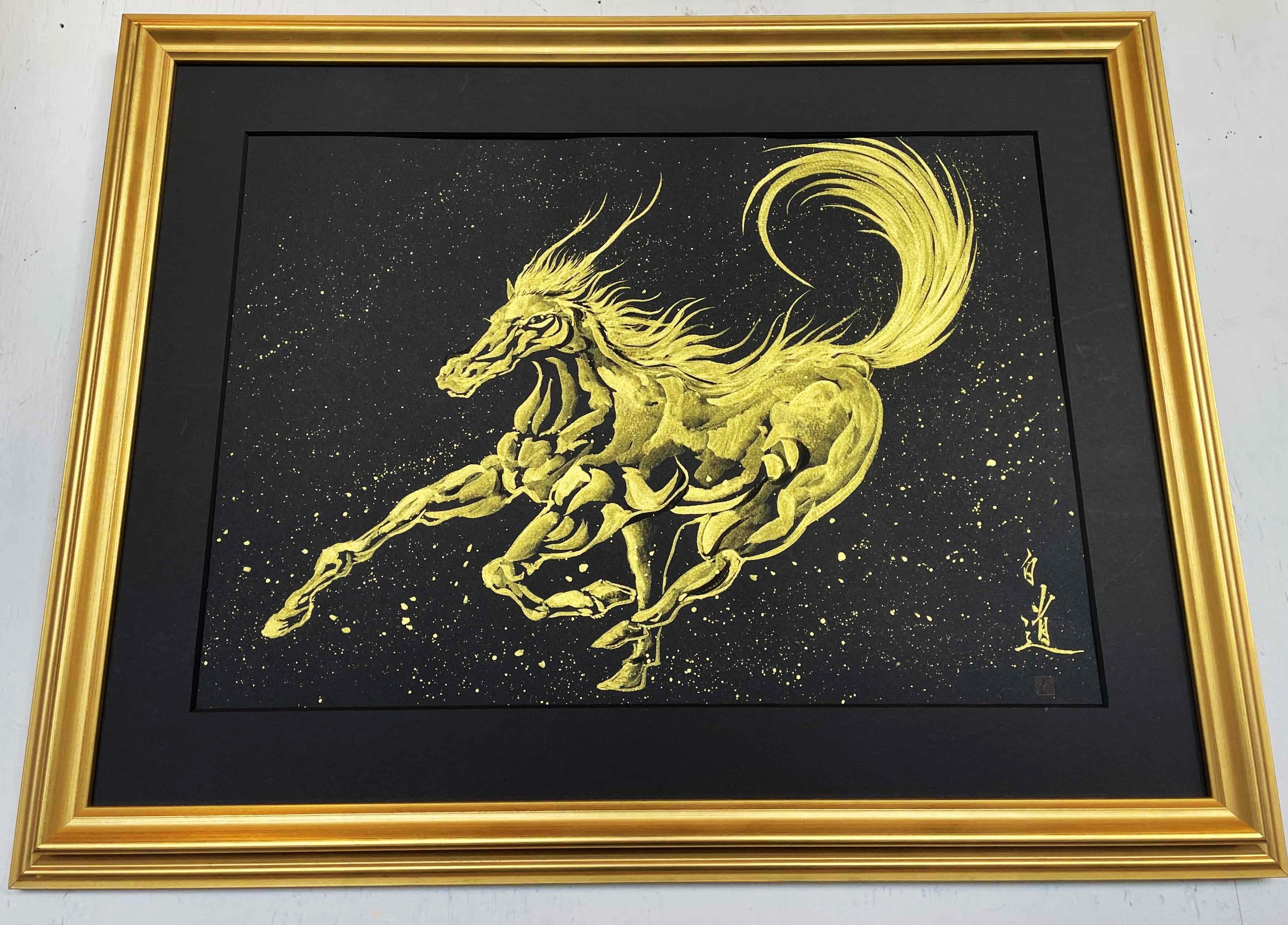現代水墨画家 絵師白道 「龍馬」（黒金） 直筆作品 証明書カード付 龍