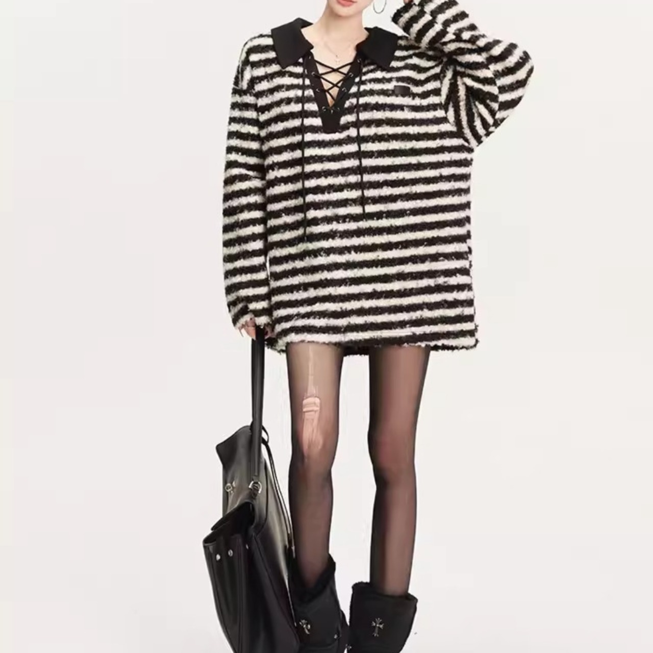 Striped Top with Detachable Faux-Fur Collar (ME217)