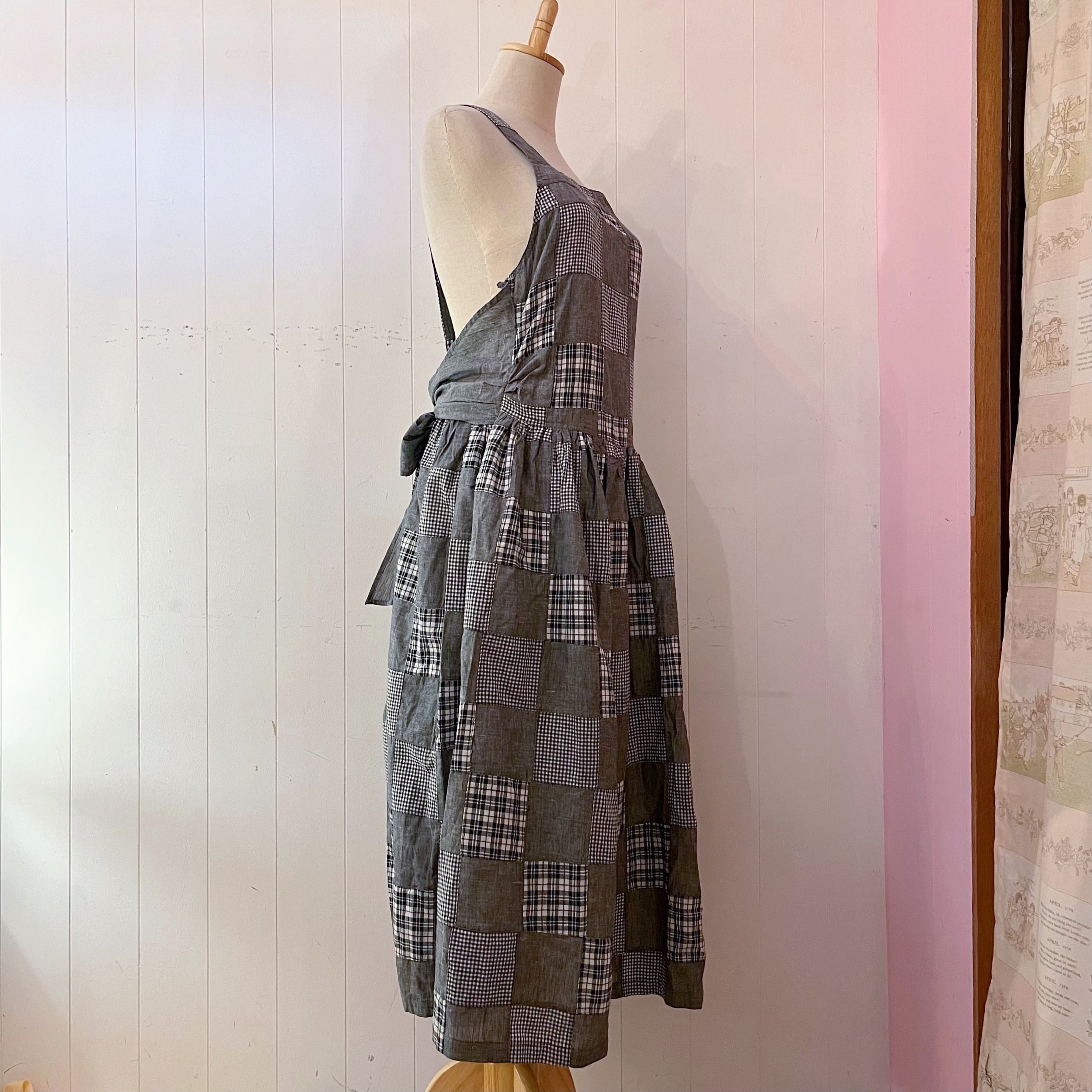 patchwork check apron one-piece