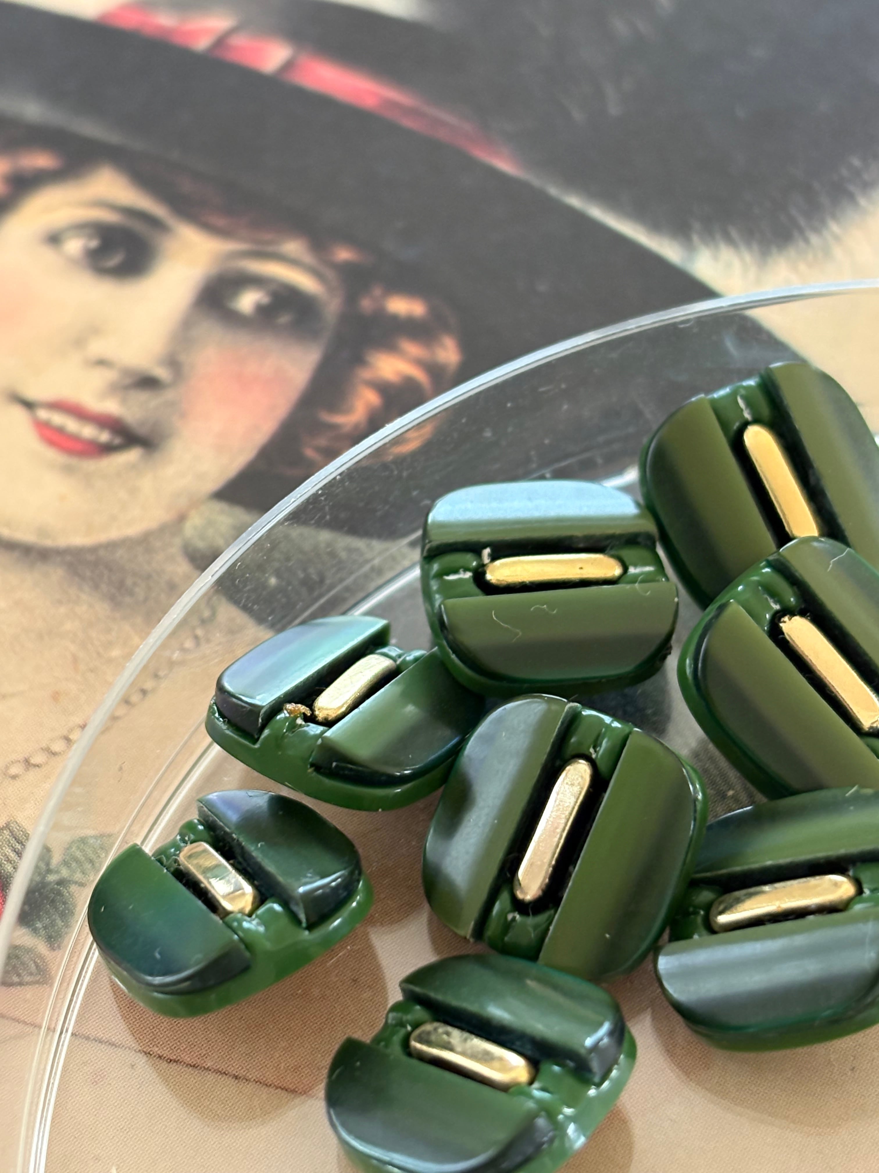 12mm Japanese ヴィンテージボタン グリーン系×ゴールド プラスチックボタン 昭和レトロ アクセサリーパーツ 装飾材 カルトナージュ