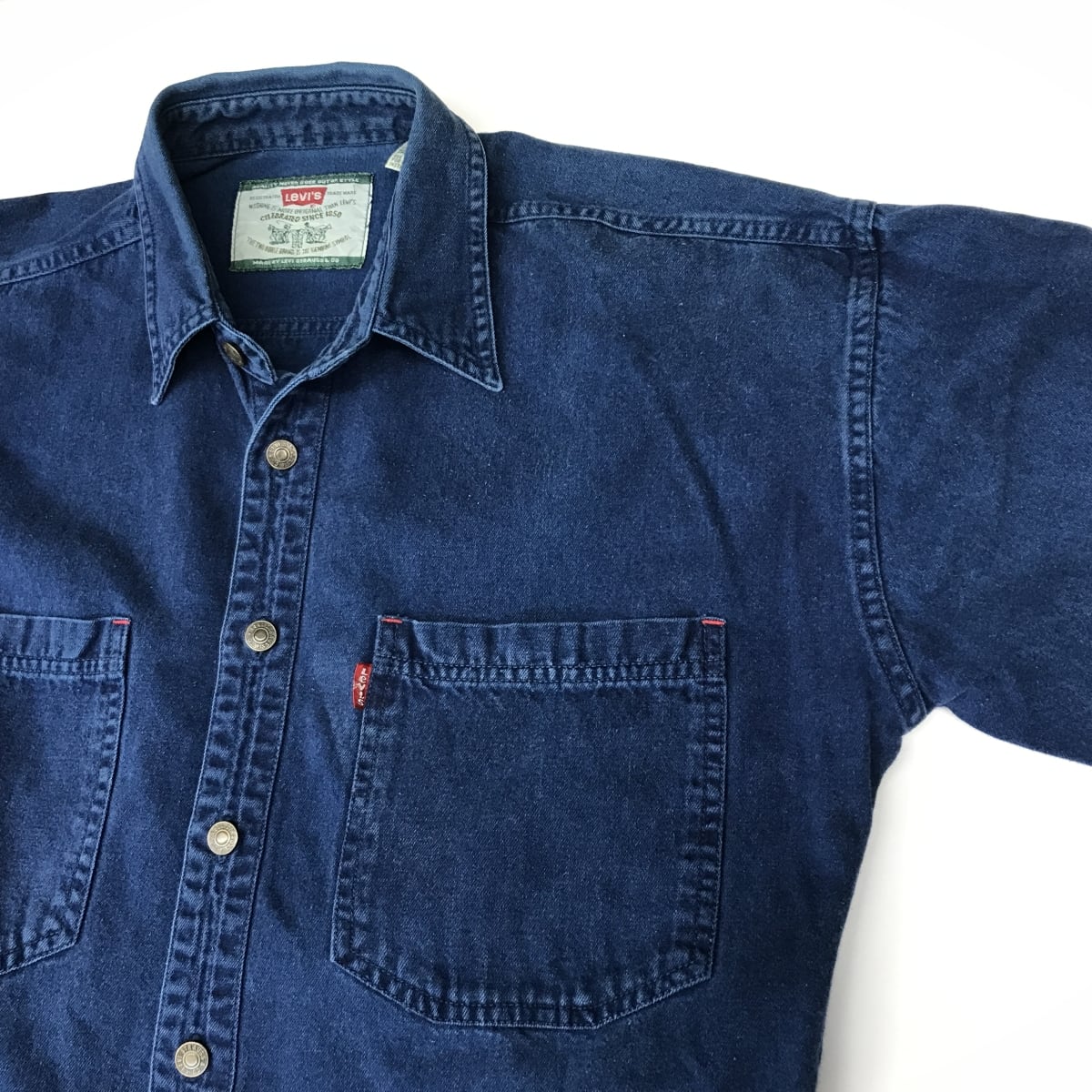 LEVI'S リーバイス 90年代 長袖 後染め タイト目コットンワークシャツ 無地 メンズL ヴィンテージ 色落ちネイビー