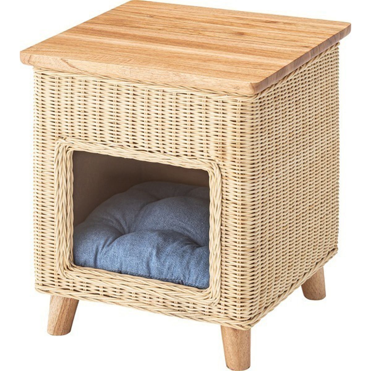 ペットハウススツール PET-63 スツール テーブル ペットハウス ペットベット 犬 猫 ペット クッション付き 脚付き 天板付き 天然木 木製 ラタン 籐 かわいい 収納 スクエア