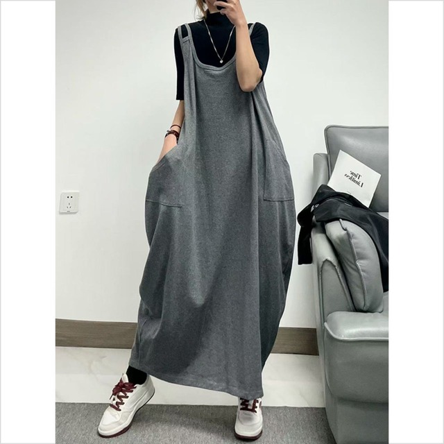 ダブルショルダー風デザイン ゆったりキャミワンピース Ln00258