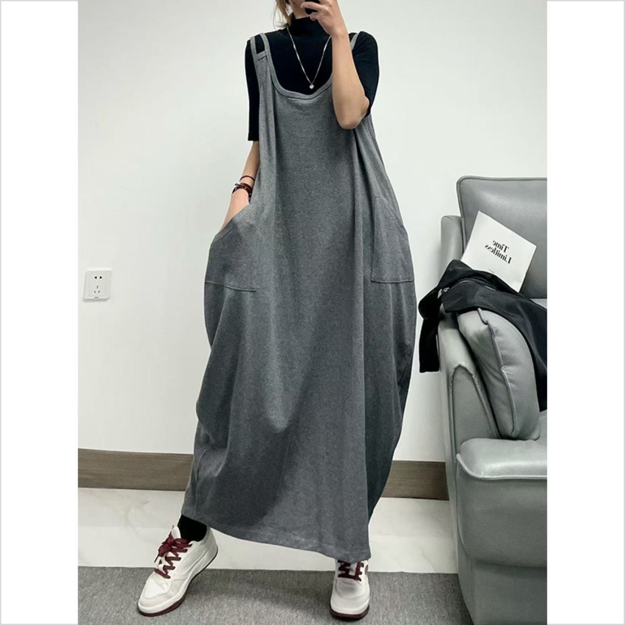 ダブルショルダー風デザイン ゆったりキャミワンピース Ln00258