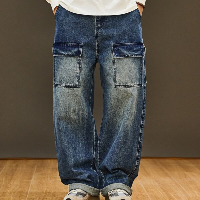 ルーズフィットの ワイドレッグストレートデニムパンツ 3XLまで対応 A18639