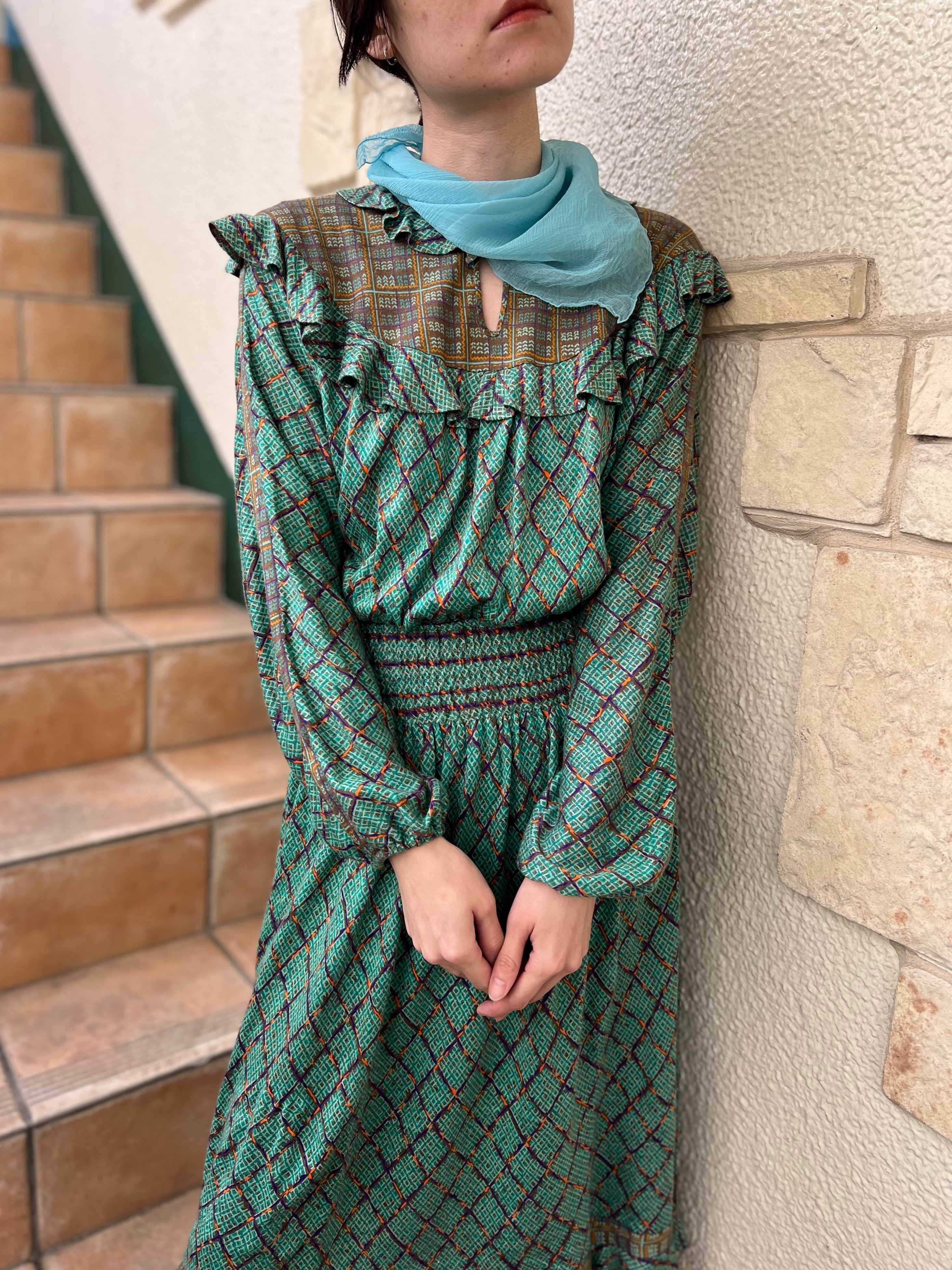 70s Diane freis green × plaid wool dress ( ダイアン フレイス