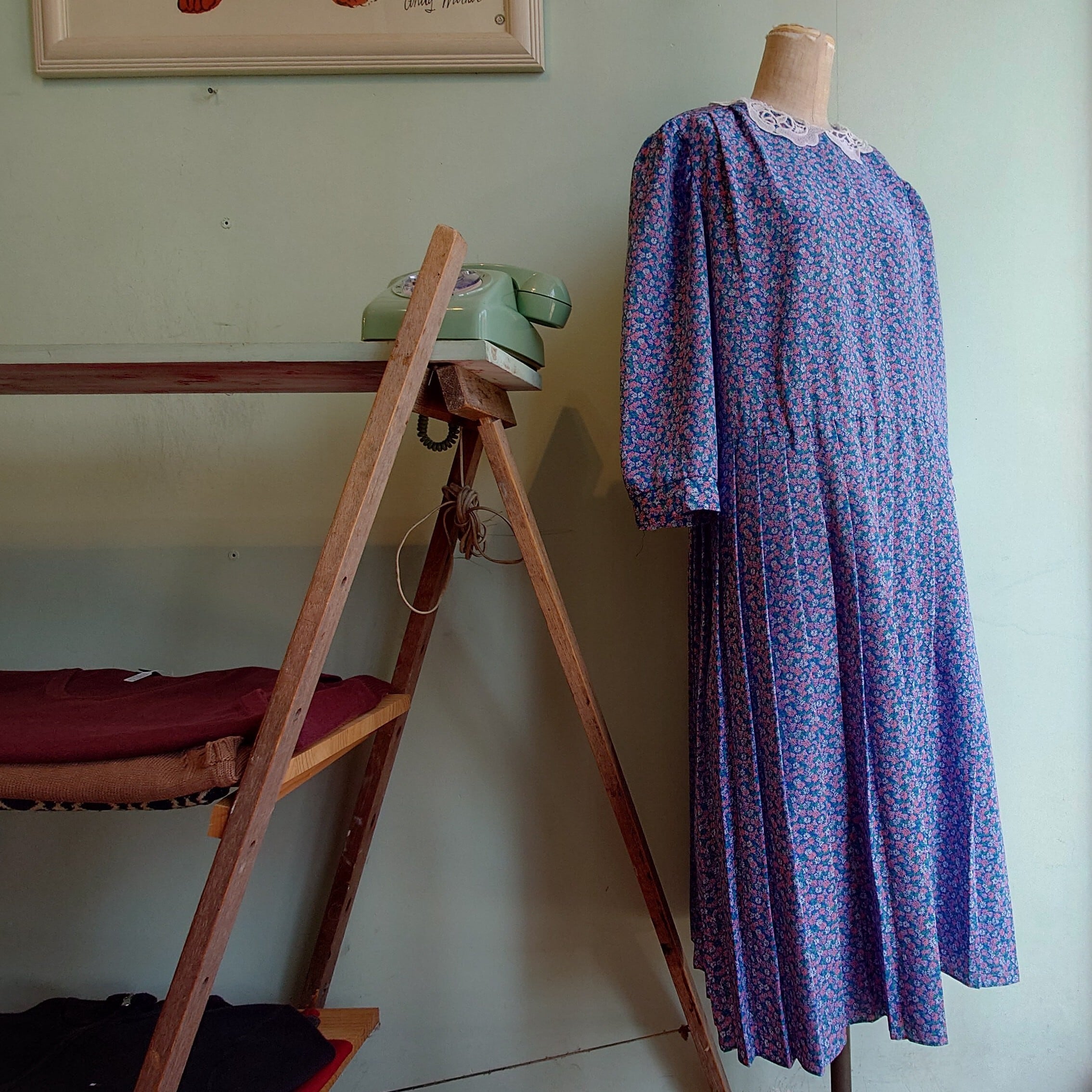 LISA PETITES 80s vintage 花柄 レース ヴィンテージドレス プリーツ