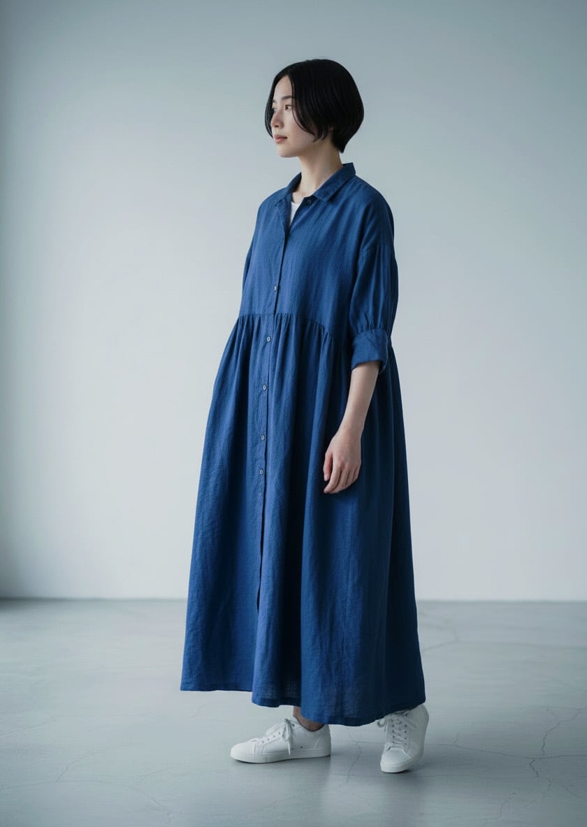 Honnete オネット ワンピース ロング リネン 麻 ポーランド製 ゆったり Honnete】オネット lady's Open Collar Gathered Dress | nuno