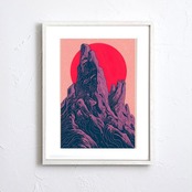 Crimson Peak Flow｜赤い太陽と抽象山岳が描くモダンアートポスター｜有機的ラインが印象的な現代風景画｜A2ポスター