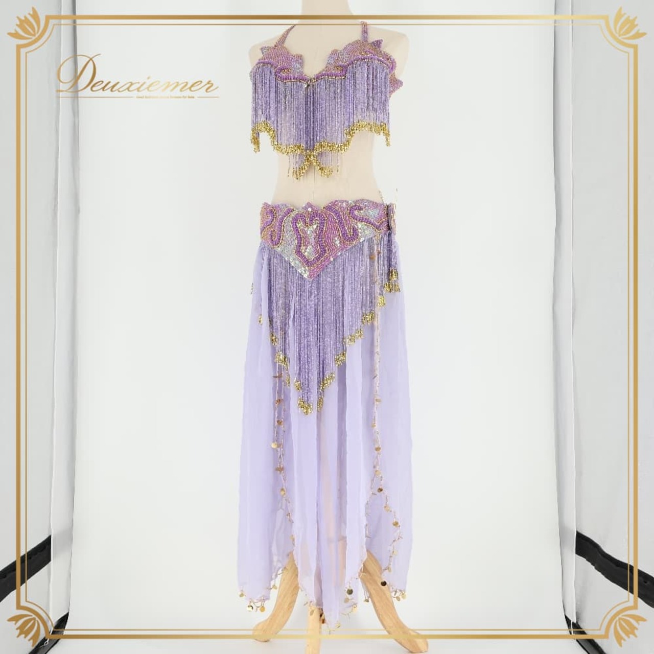 ベリーダンス オリエンタル 衣装 上下セット パープル系 トップス スカート ベルト チョーカー ベール アーム 紫 金 フリンジ 淡い 装飾 豪華 アーム飾り 腕飾り かわいい スリット 華やか ダンス衣装 イベント ステージ