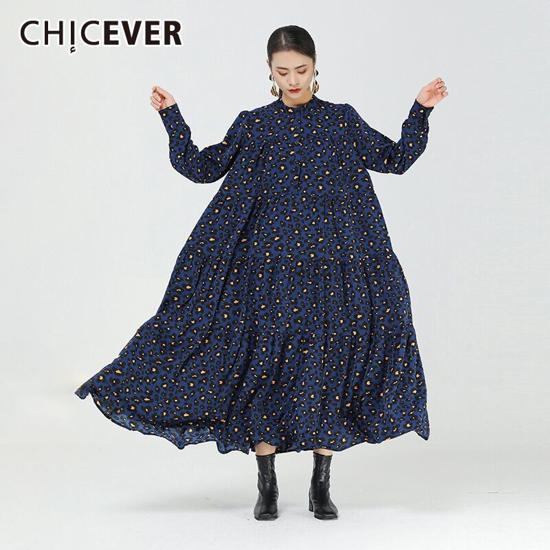 CHICEVERヴィンテージドレス女性スタンドカラー長袖ルーズオーバーサイズヒョウ柄Aラインドレス2020秋の服 ロング オータム 秋物 ビンテージ 6base572990051138