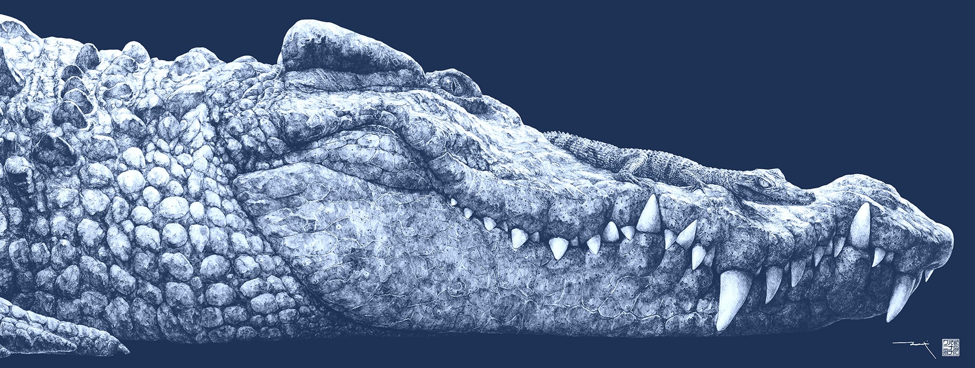 ワニ 手ぬぐい 藍 ＜雨宮ひかるさんデザイン＞ | 熱川バナナワニ園 売店