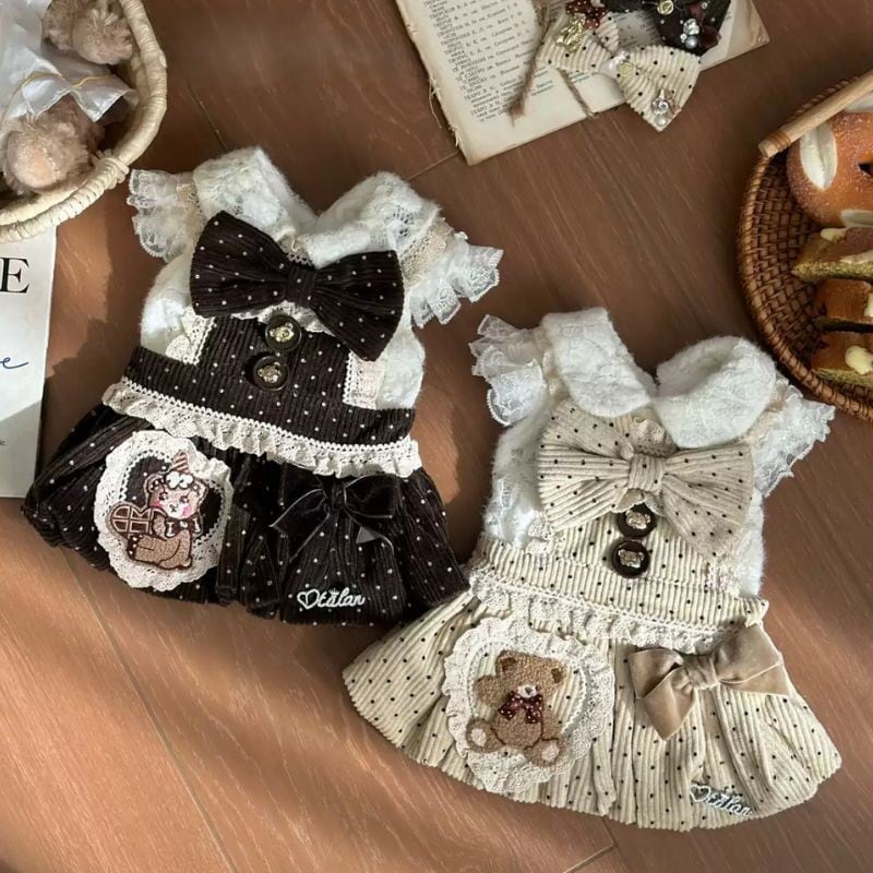 【予約】コーデュロイベアモチーフドレス 犬服 01344