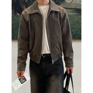 レトロショートブラウンフェイクレザーブルゾン　994