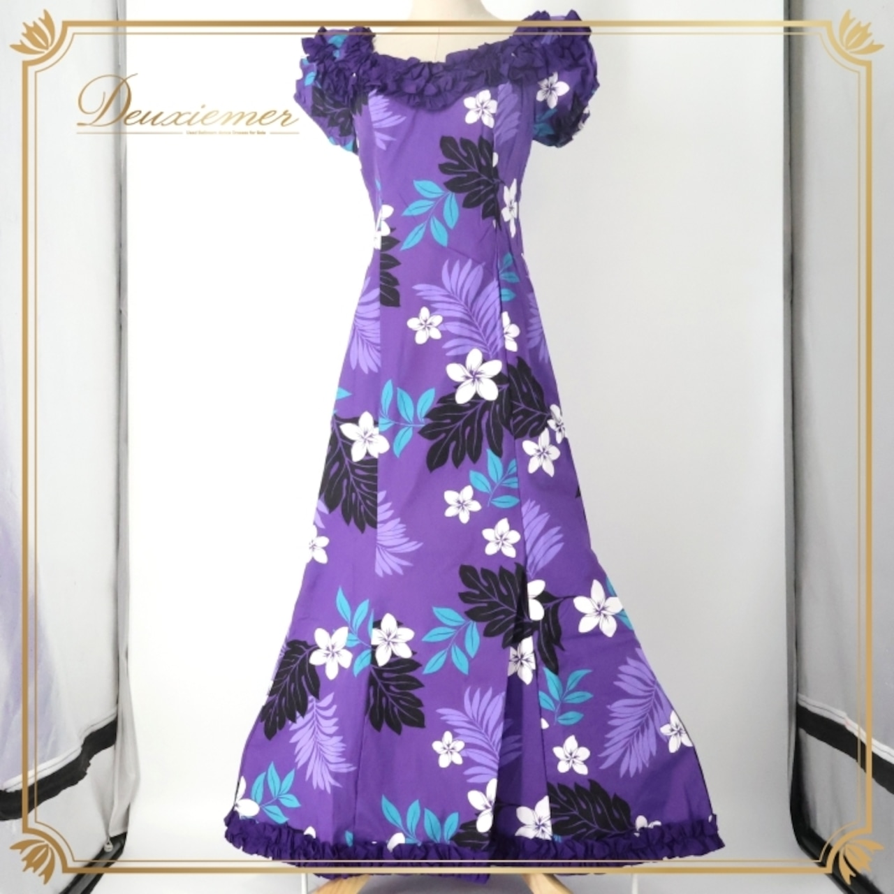 フラダンス 衣装 ワンピース ドレス パープル系 Royal Creations ハワイ製 プルメリア柄 ハワイアンプリント アロハ フラ ダンス レッスン 練習 花柄 植物柄 フリル 華やか 鮮やか かわいい おしゃれ ブラック系 ホワイト系 ブルー系 紫 黒 白 水色 フラダンス衣装 ハワイアン ドレスワンピース プルメリア フラレッスン 大人用 おしゃれドレス カジュアル フラダンス練習 パーティドレス リゾートウェア かわいいデザイン フラワー柄