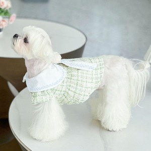 【PET】2色展開秋冬お嬢様風チェック柄デザイン可愛い犬飾り背前開きボワンピース