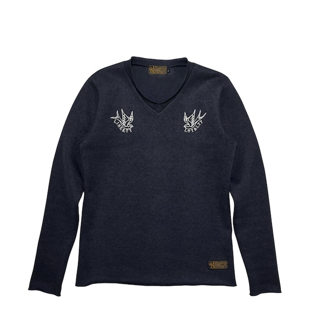 古着 カスタムスタイル KUSTOMSTYLE SO.CAL 刺繍 Ｖネックニット ポリエステルニット クリーニング済 メンズS 実寸Ｍ相当