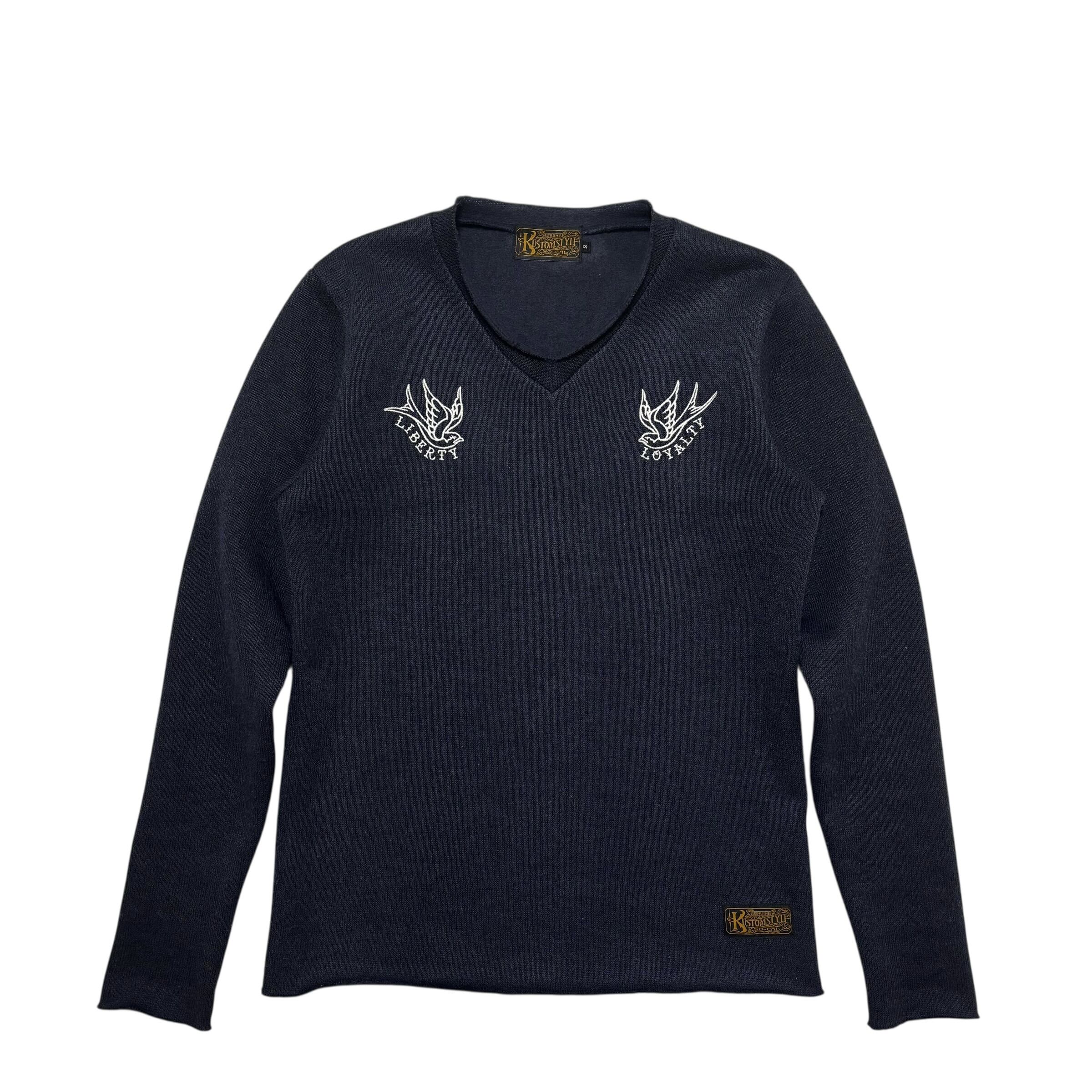 古着 カスタムスタイル KUSTOMSTYLE SO.CAL 刺繍 Vネックニット ポリエステルニット クリーニング済 メンズS 実寸M相当
