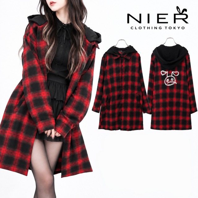2WAYフード取り外し可能RED CHECKERED LONG JACKET.