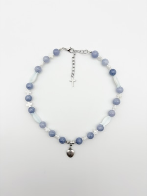 BLUE BEADS HEART & CROSS CHARM NECKLACE