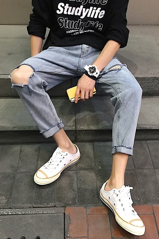 全1色 デニム パンツ ストレート カジュアル ダメージ おしゃれ